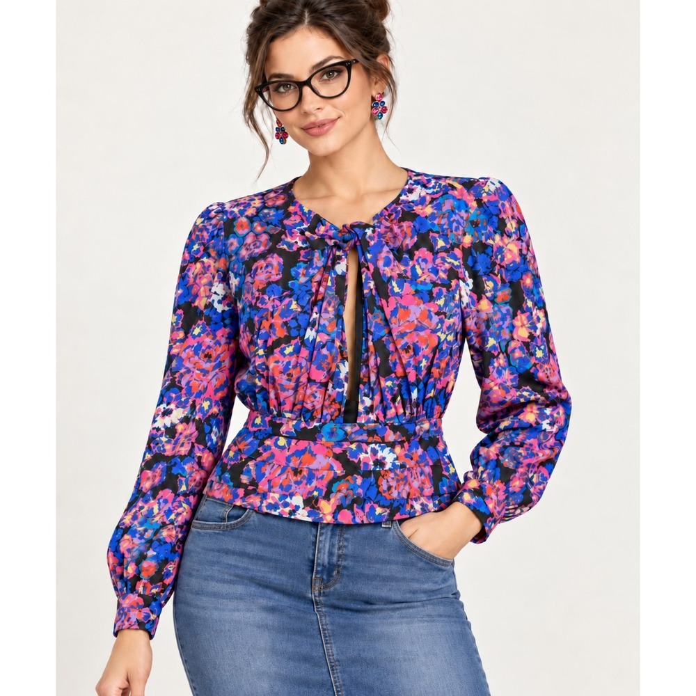 Zara Women Blue Pink Floral Keyhole Long Sleeve Ruched Blouse Small